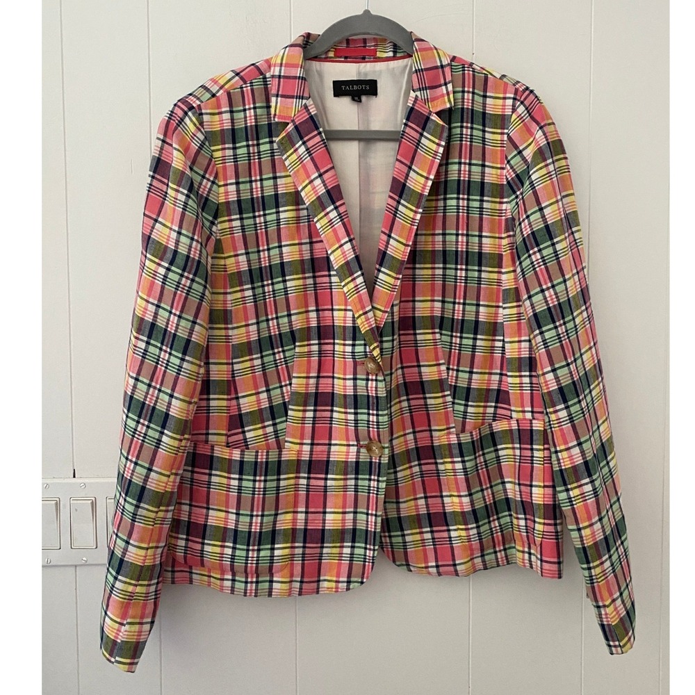 TALBOTS Women's Plaid Blazer Jacket Size 14 Linen Blend Pink Green Navy